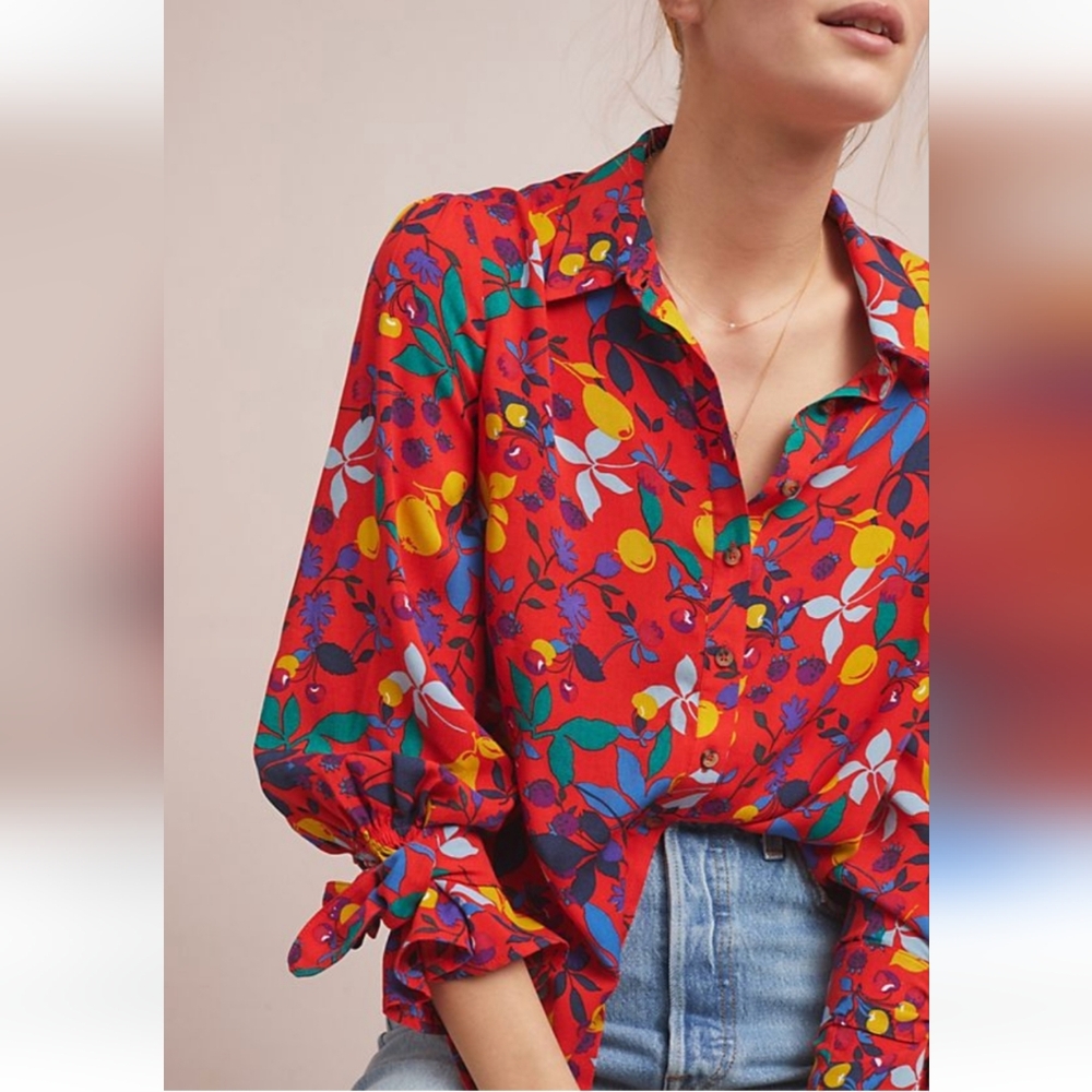 Bright Red Floral Button-Up Women's Blouse